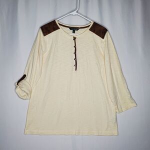 Lauren Ralph Lauren Henley Shirt Women 2X Cream Brown Faux Suede Classic Preppy